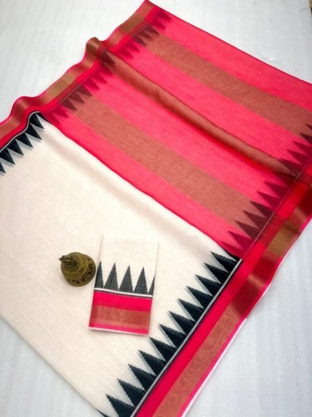 Cream and Coral Digital Print Linen Saree with Temple Border Design