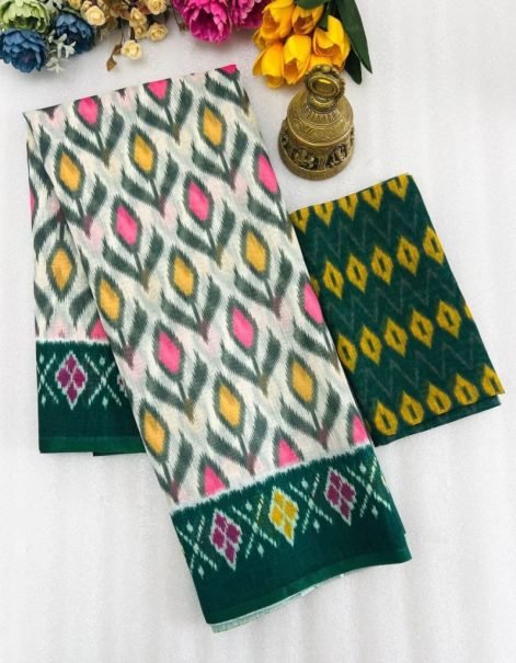 Cream and Green Digital Print Linen Saree with Multicolour Geometric Design