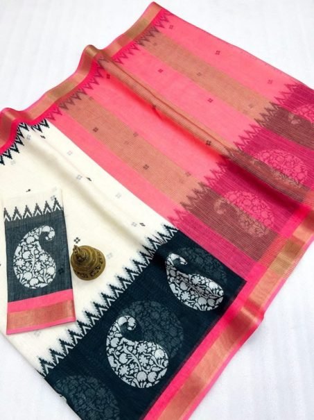 Cream and Pink Digital Print Linen Saree with Temple and Medallion Design