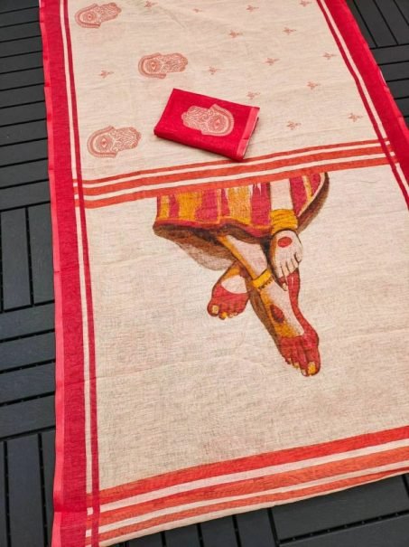 Cream and Red Digital Print Linen Saree with Dancer Hand Design