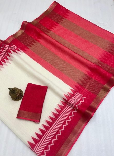 Cream and Red Digital Print Linen Saree with Temple Border Design