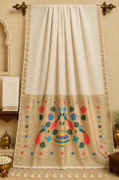 Cream Kalamkari Print Dolla Silk Saree with Peacock Motif Pallu