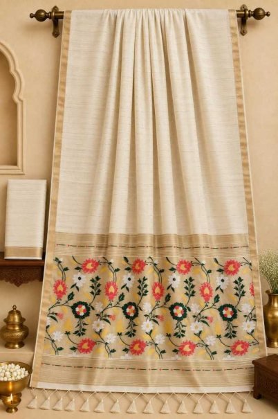 Cream Kalamkari Print Dolla Silk Saree with Ornamental Floral Pallu