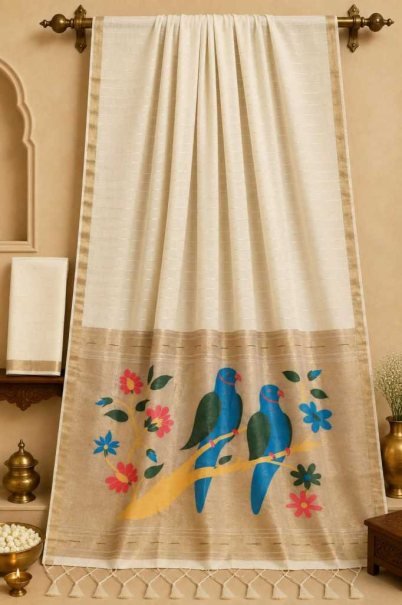 Cream Kalamkari Print Dolla Silk Saree with Blue Birds Pallu