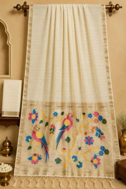 Cream Kalamkari Print Dolla Silk Saree with Colourful Birds Pallu