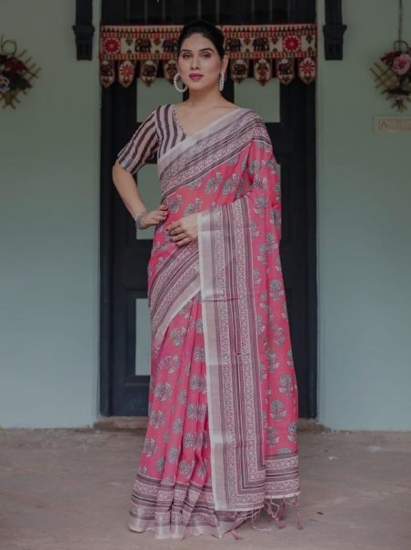  Digital Print Linen Fabric Saree