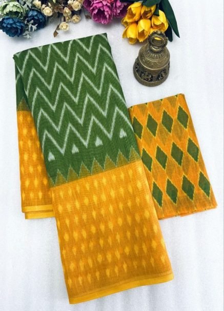 Green and Mustard Digital Print Linen Saree with Chevron and Diamond Design