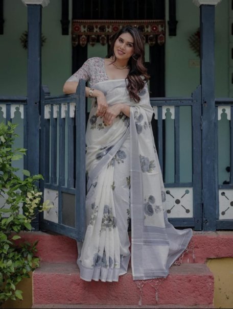 Heavy Zari Patta Linen Fabric Saree