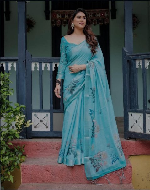 Heavy Zari Patta Linen Fabric Saree