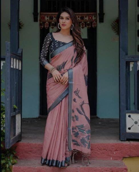 Heavy Zari Patta Linen Fabric Saree