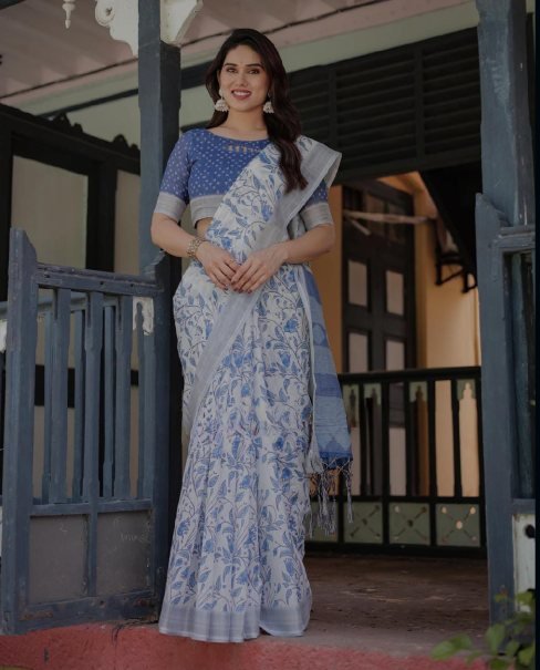 Heavy Zari Patta Linen Fabric Saree