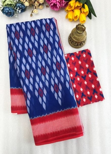 Navy and Red Digital Print Linen Saree with Diamond Design