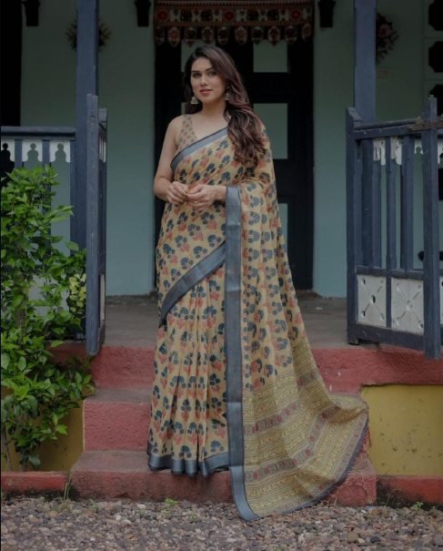 Office Wear Digital Print Linen Fabric Saree