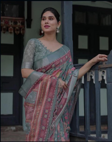 Office Wear Digital Print Linen Fabric Saree