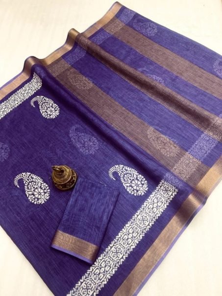 Purple Digital Print Linen Saree with Paisley Design