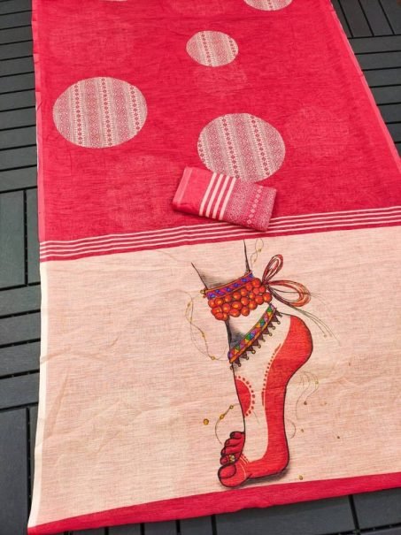 Red and Cream Digital Print Linen Saree with Dancer Foot Design