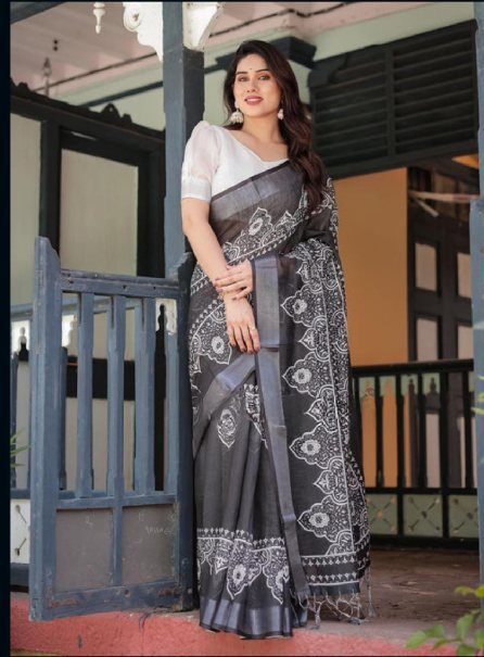 Soft Linen Fabric Zari Patta Saree