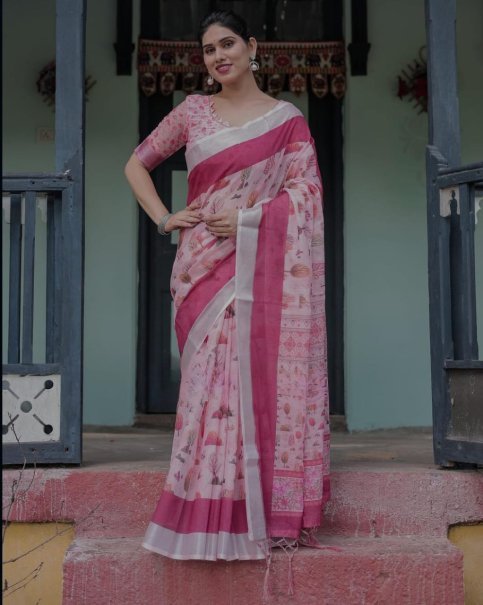 Soft Linen Fabric Zari Patta Saree