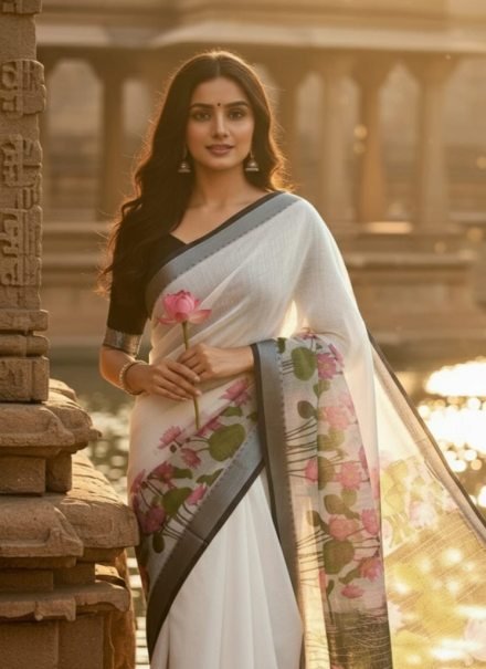 White and Black Digital Print Linen Saree with Lotus Floral Design