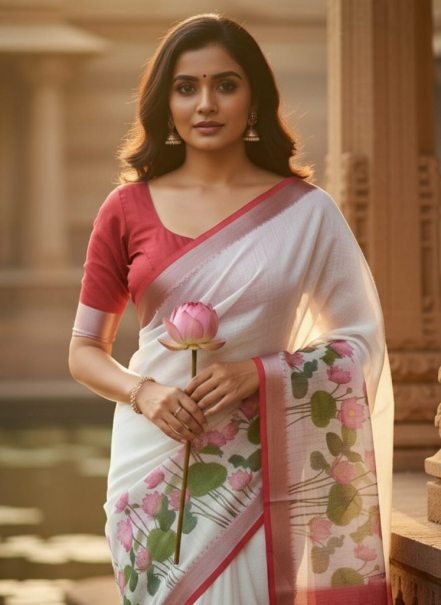 White and Pink Digital Print Linen Saree with Lotus Floral Design