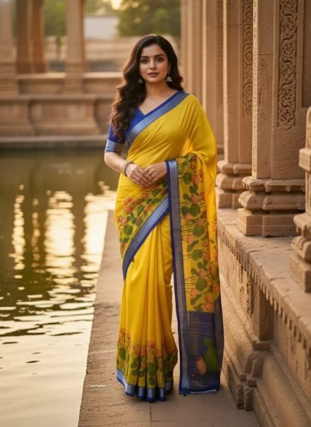 Yellow and Blue Digital Print Linen Saree with Lotus Floral Design