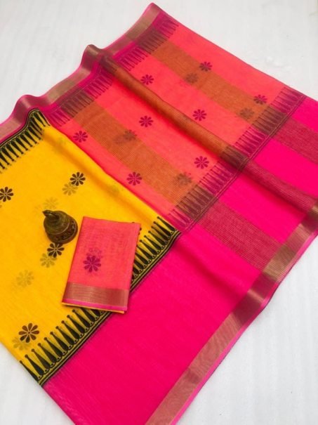 Yellow and Pink Digital Print Linen Saree with Small Floral Design