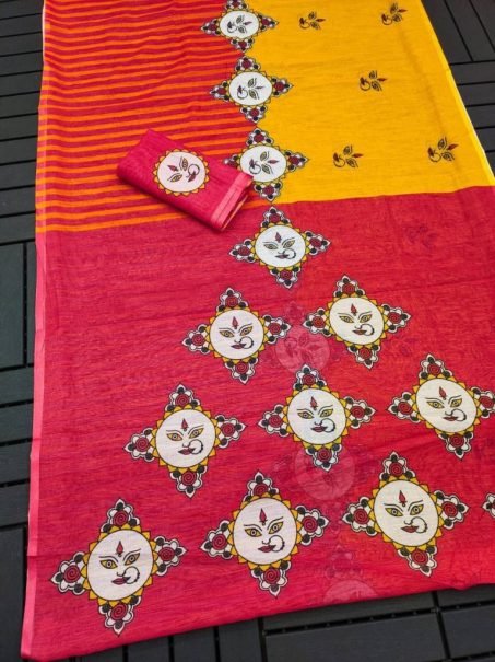 Yellow and Red Digital Print Linen Saree with Ornamental Face Motif Design