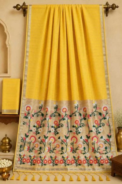 Yellow Kalamkari Print Dolla Silk Saree with Flowering Vine Pallu