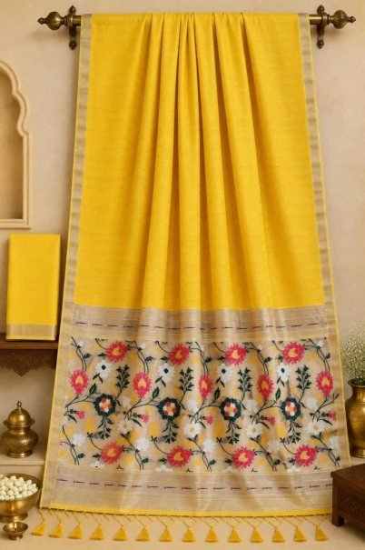 Yellow Kalamkari Print Dolla Silk Saree with Ornamental Floral Pallu