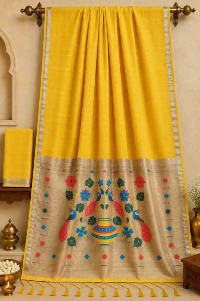 Yellow Kalamkari Print Dolla Silk Saree with Peacock Motif Pallu