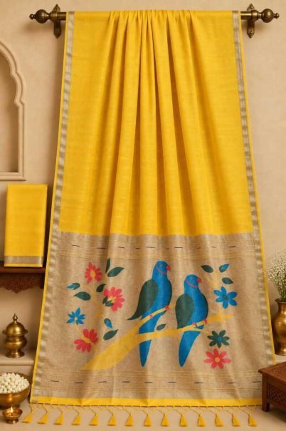Yellow Kalamkari Print Dolla Silk Saree with Blue Birds Pallu