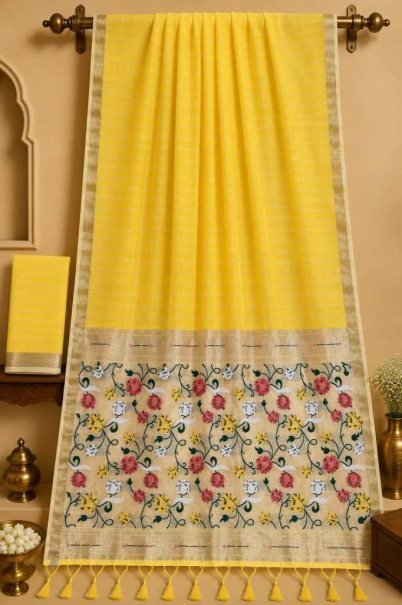 Yellow Kalamkari Print Dolla Silk Saree with Floral Vine Pallu