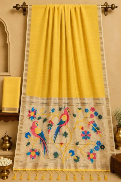 Yellow Kalamkari Print Dolla Silk Saree with Colourful Birds Pallu